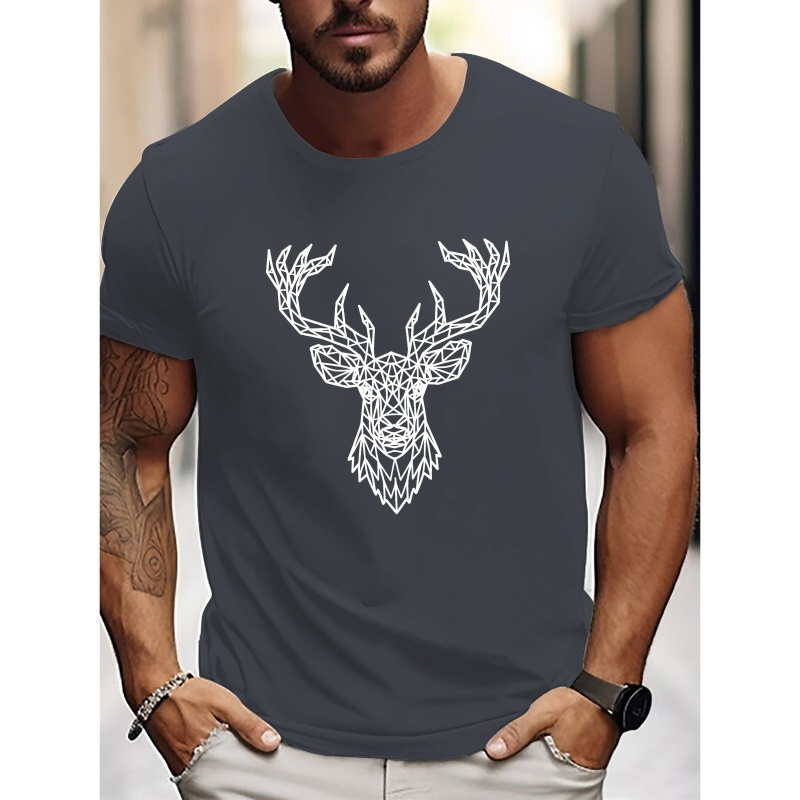 

Deer Head Print Tee Shirt, Tees For Men, Casual Short Sleeve T-shirt For Summer