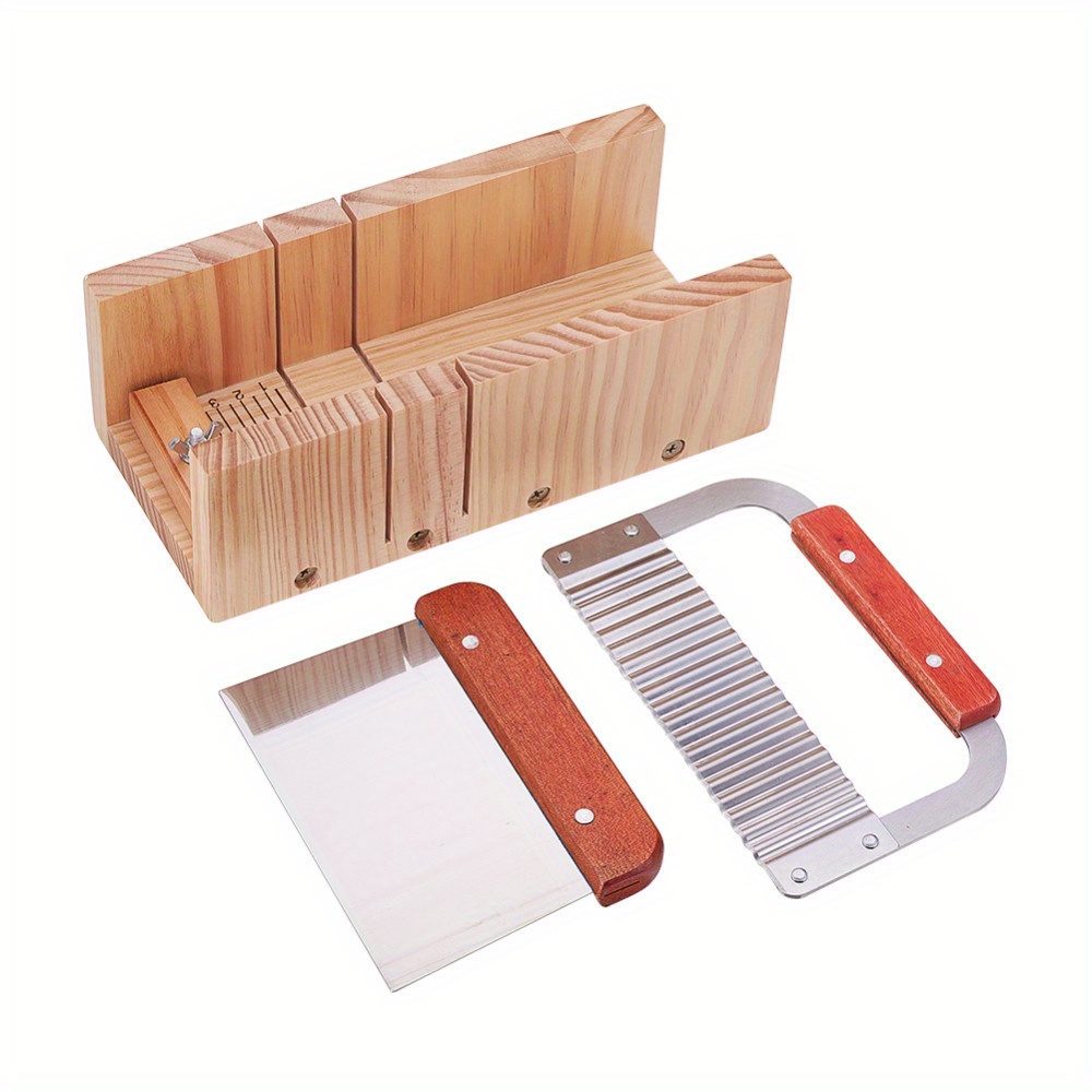 

3pcs/set Rustic Wooden Soap Making Kit, Rectangular Loaf Mold With Wood Box & Stainless Steel Straight Cutter, Diy Handcraft Tool