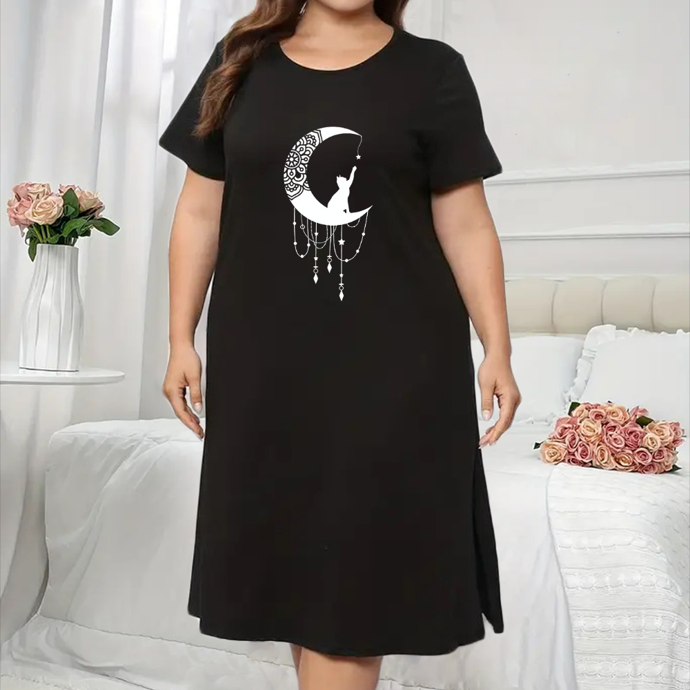 

Robe de nuit décontractée pour femmes de grande taille avec de chat et , fente latérale, confort à , vêtements de détente, chemise de nuit à manches courtes