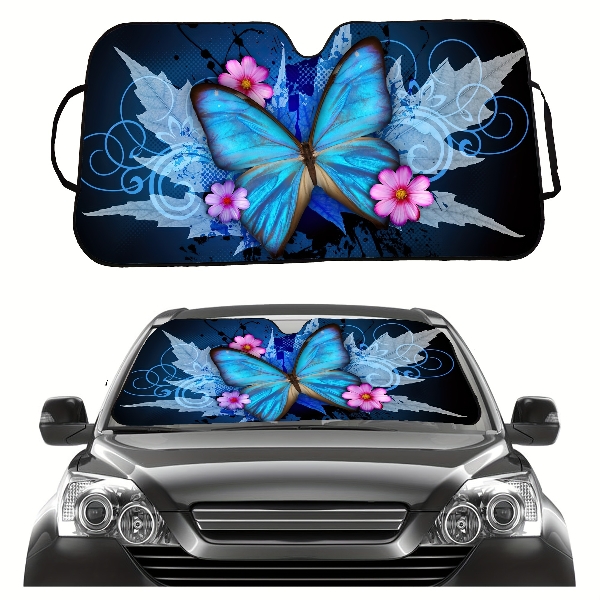 

1pc Blue Butterfly Print Car Windshield Sun Shade With 2pcs Free Suction Cups Block Uv Rays Sun Visor Protector Folding Sunshade Keep Vehicle Cool