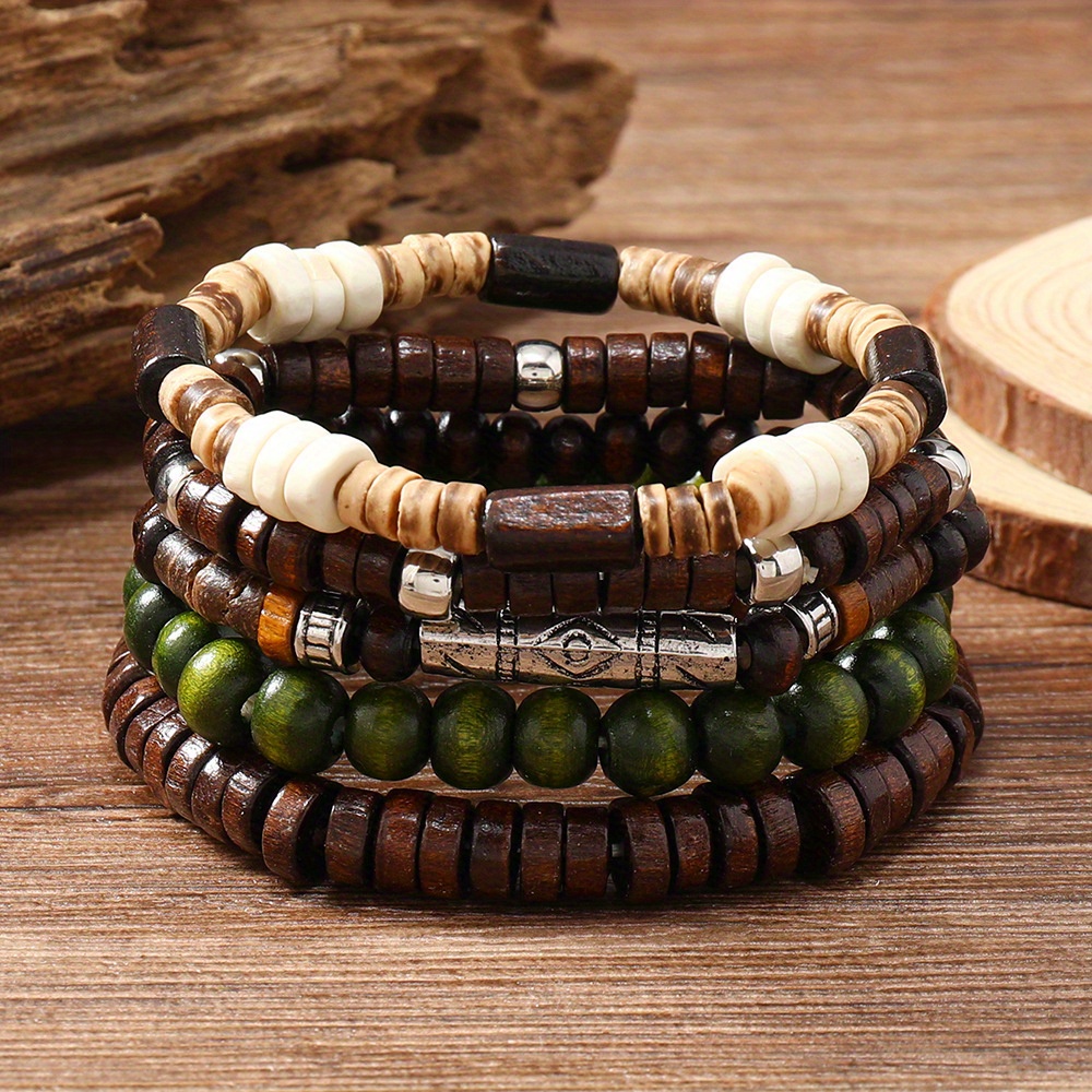 

5pcs Fashion Simple Coconut Shell Wooden Beaded Jewelry, Elastic Adjustable, For Daily Decoration, Gift For Family And Friend, Holiday Birthday Gift