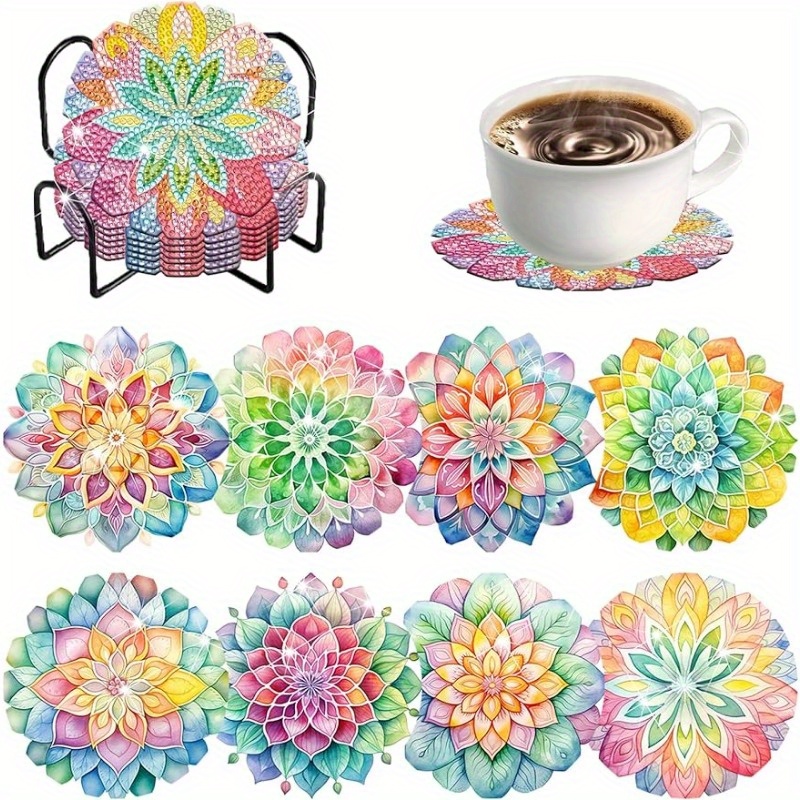 

8pcs Lotus Diamond Art Painting Coasters With Holder Diy Cute Lotus Diamond Art Coasters 5d Lotus Diamond Coasters For Beginners Adults