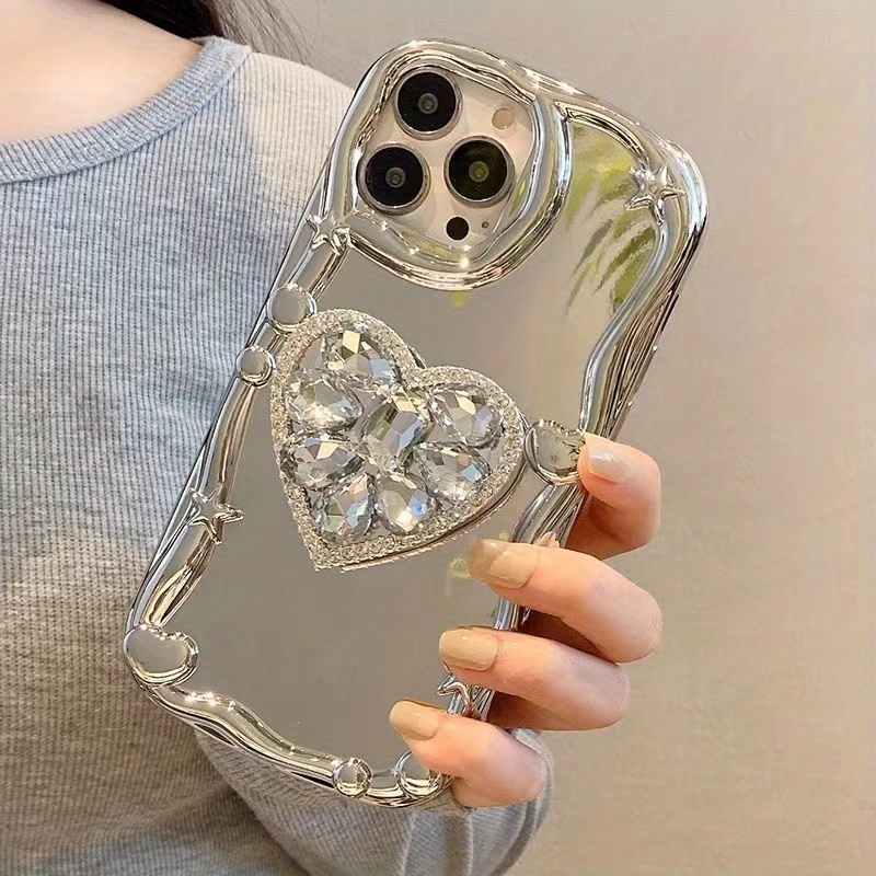 

Sparkling Silver Mirror Heart Stand Case For 15 14 13 12 11 Xr X 8 7 Plus Pro Max, Full Coverage Protective Cover, Creative Unique Design