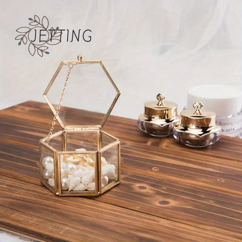 

1pc Hexagonal Transparent Glass Jewelry Box, , 3.14in X 1.57in, Wedding Gift, Brass Frame, Storage Organizer For Rings, Bracelets & Earrings, Decorative Display Case, Mother's Season Gift, Decor