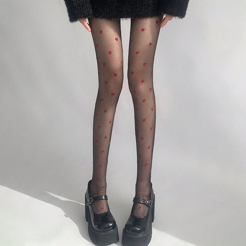 

1 Pair Women' Sheer Tights With Red Heart Pattern, Sexy Thin Pantyhose For , Look Accessories