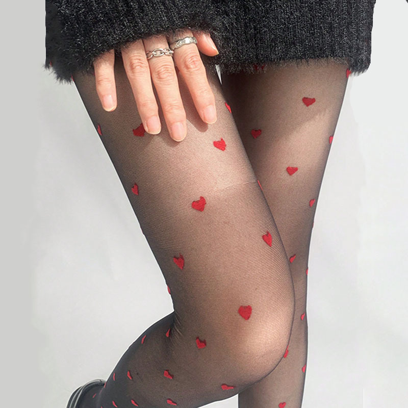 

1 Pair Women's Polyester Tights, Knit Fabric Sheer Pantyhose, With Red Heart Pattern, Stretchy , For