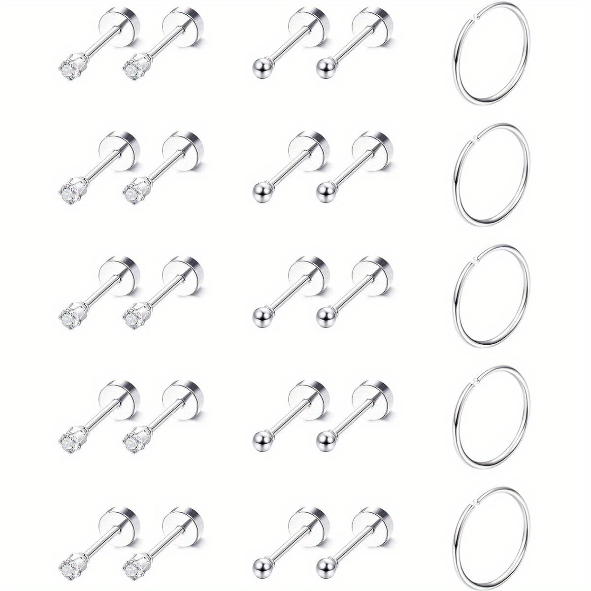 E-shop 25 Stück winzige goldene Edelstahl-Ohrstecker für Damen und Herren, bequeme Schraubverschluss-Ohrstecker, flache Ohrstecker, CZ-Punkt-Kugel,