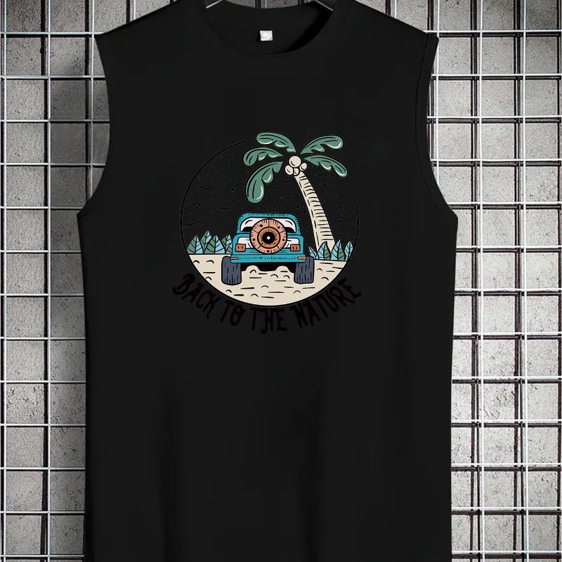 

Men's Trendy Hawaiian Crew Neck Graphic Tank Top With Fancy Print, Men's Sleeveless Vest, Perfect For Summer Vacation And Casual Wear