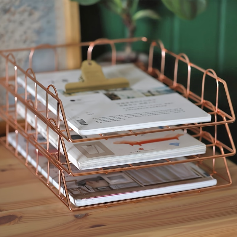 

2pcs Modern Iron Metal Mesh File Organizer, Rose Golden Foldable Storage Crate For Documents, Home Office Supplies, Desk Accessories, Folder Holder Rack With Sleek Design