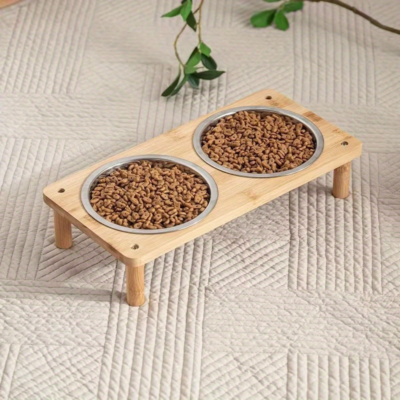 

1pc, Elevated Wooden Pet Feeder With 2 Stainless Steel Bowls For Dogs And Cats, Anti-slip Base, Dual Bowl Design For Food And Water, Easy-to-clean, Rustic Home Decor