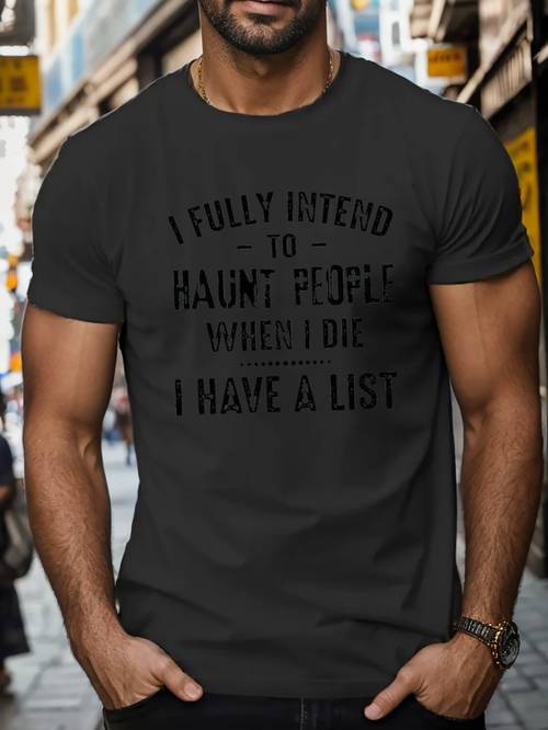 I Inveted Haunt People Print, Men's Round Crew Neck Short Sleeve, Simple Style Tee Fashion Regular Fit T-Shirt Casual Comfy Top For Spring Summer Holiday Leisure Vacation