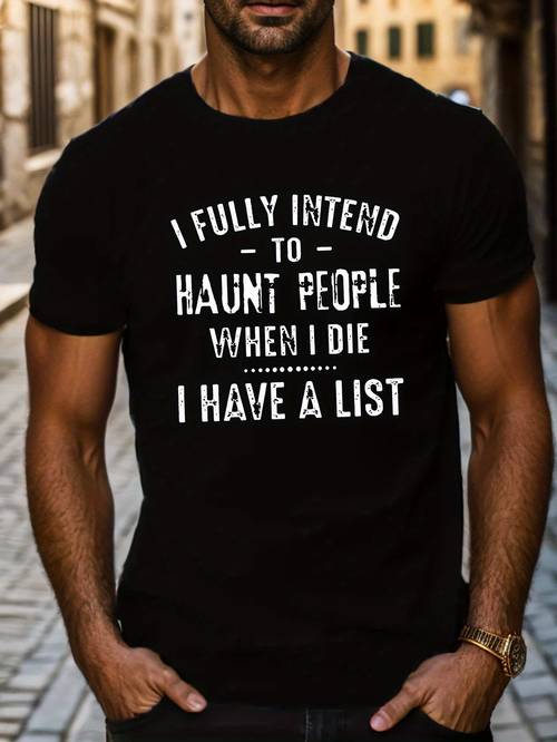 I Inveted Haunt People Print, Men's Round Crew Neck Short Sleeve, Simple Style Tee Fashion Regular Fit T-Shirt Casual Comfy Top For Spring Summer Holiday Leisure Vacation