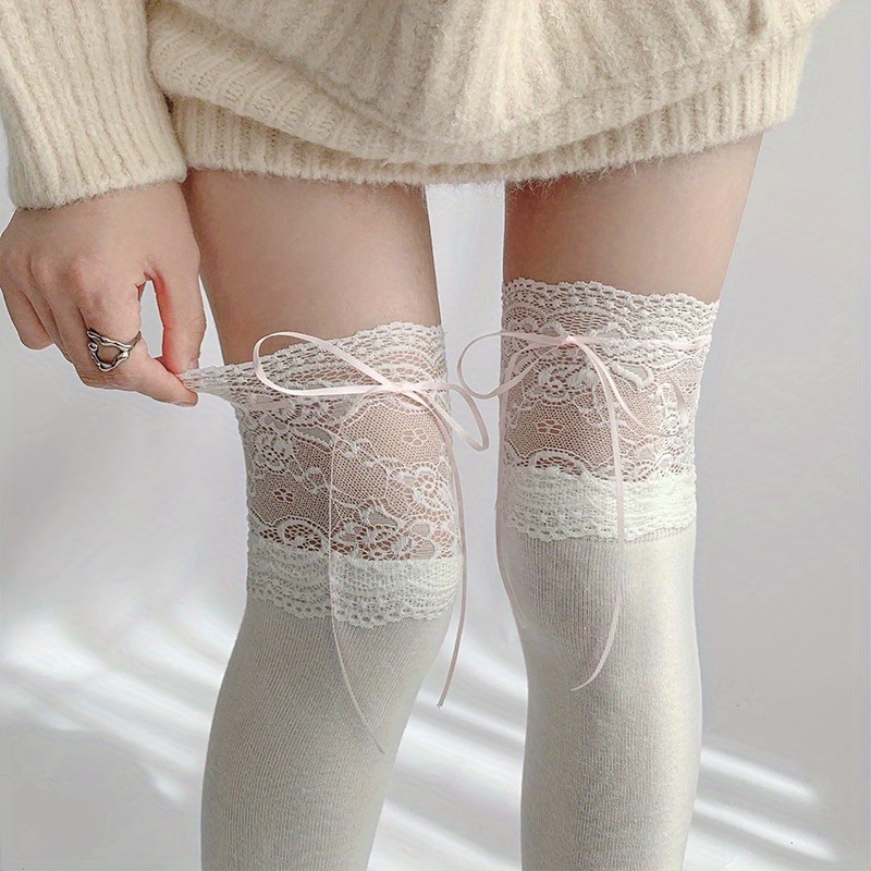 bow lace top thigh high stockings college jk style over the knee socks womens stockings hosiery