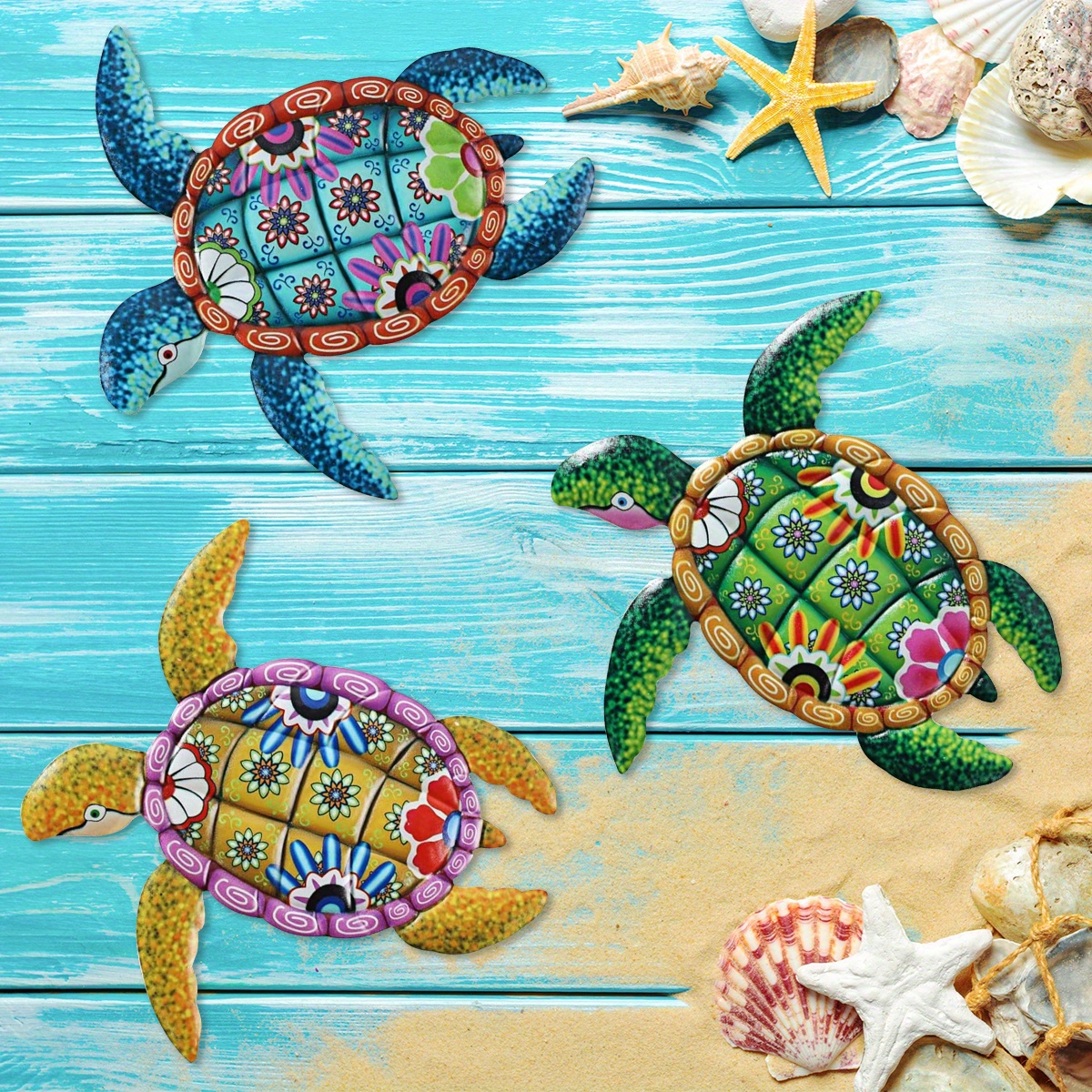 

3pcs Classic Metal Sea Turtle Wall Art, Beach Theme Nautical Hanging Decor, Flower Pattern Sculpture For Garden, Pool, Patio, Balcony, Kitchen & Bathroom