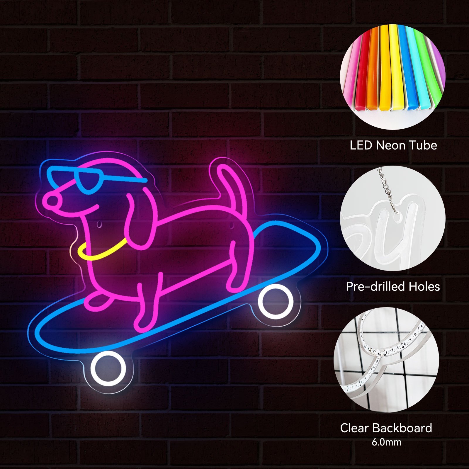 1pc スケート犬 led ネオンサイン アクリルバックパネル usb電源