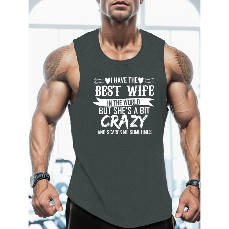 

Best Wife Crazy Print Men's Summer Quick Dry Moisture-wicking Breathable Tank Tops Athletic Gym Bodybuilding Sports Sleeveless Shirts, For Workout Running Training Men's Clothes