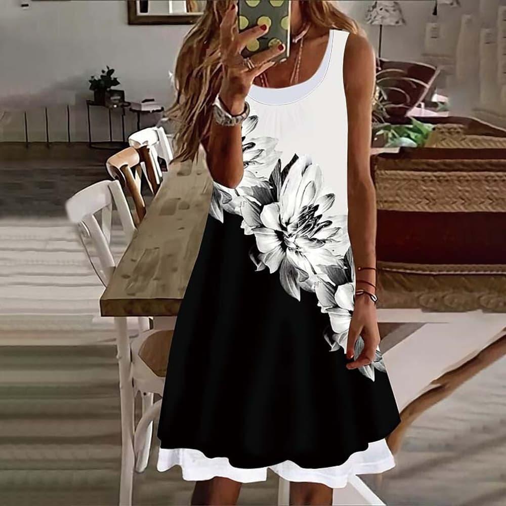 

Plus Size Floral Print Color Block Tank Dress, Casual Sleeveless Crew Neck Dress For Spring & Summer, Women's Plus Size Clothing
