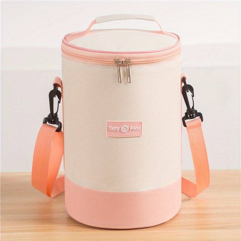

1pc, Insulated Lunch Bag Cylinder Shape, Oxford Fabric, Thermal Cooler Tote With Shoulder Strap, Portable Crossbody Bento Box For Office & School