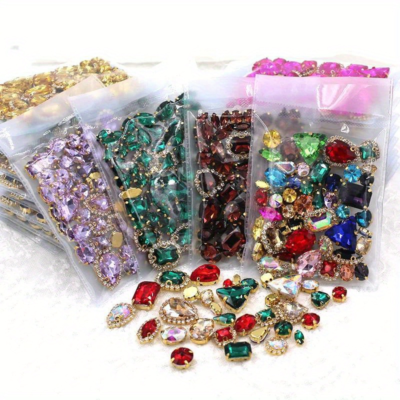 

50pcs/set Assorted 10 Colors Mixed Shapes, Sew-on Glass Rhinestones, Golden Claw Crystal Buckles, Diy Embellishments For Wedding, Clothing, Shoes, Dresses, Sparkling Decorative Accessories