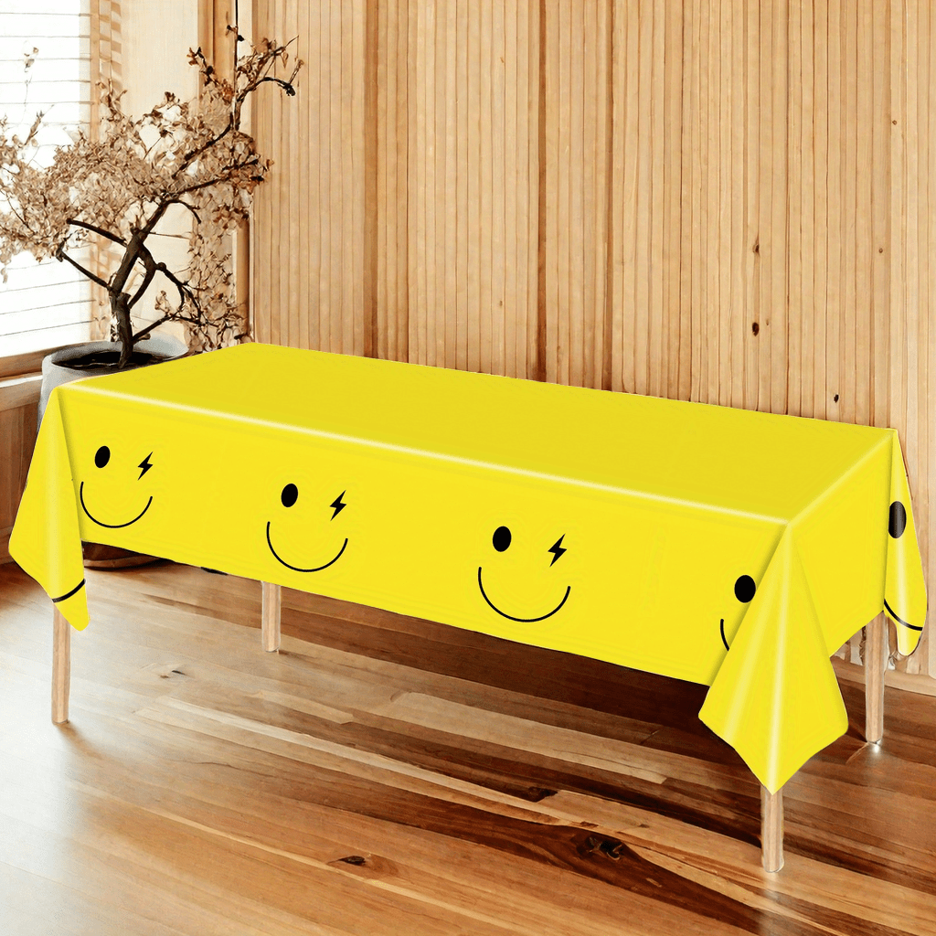 

1-pack 54"x108" Yellow Happy Face Printed Disposable Plastic Tablecloth - Waterproof Table Cover For Birthday Parties & General Celebrations, Machine Made With Universal Holiday Appeal