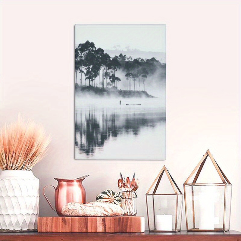 水墨画 山水画 フレーム付き 大きめ 山水の掛け軸 大竹卓作 山霧（墨）