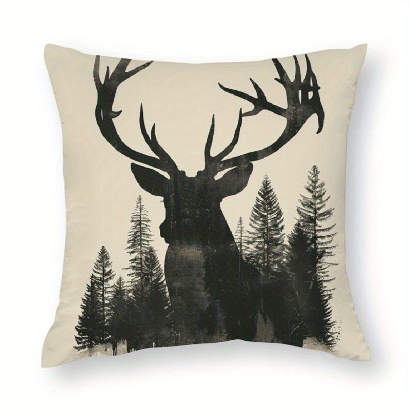 

Whitetailed Buck Silhouette Throw Pillow Cover 18''x18'' - Soft Short Plush, Vintage Style With Trees & Design, Zip Closure For Home & Bedroom Decor (cushion Not Included)