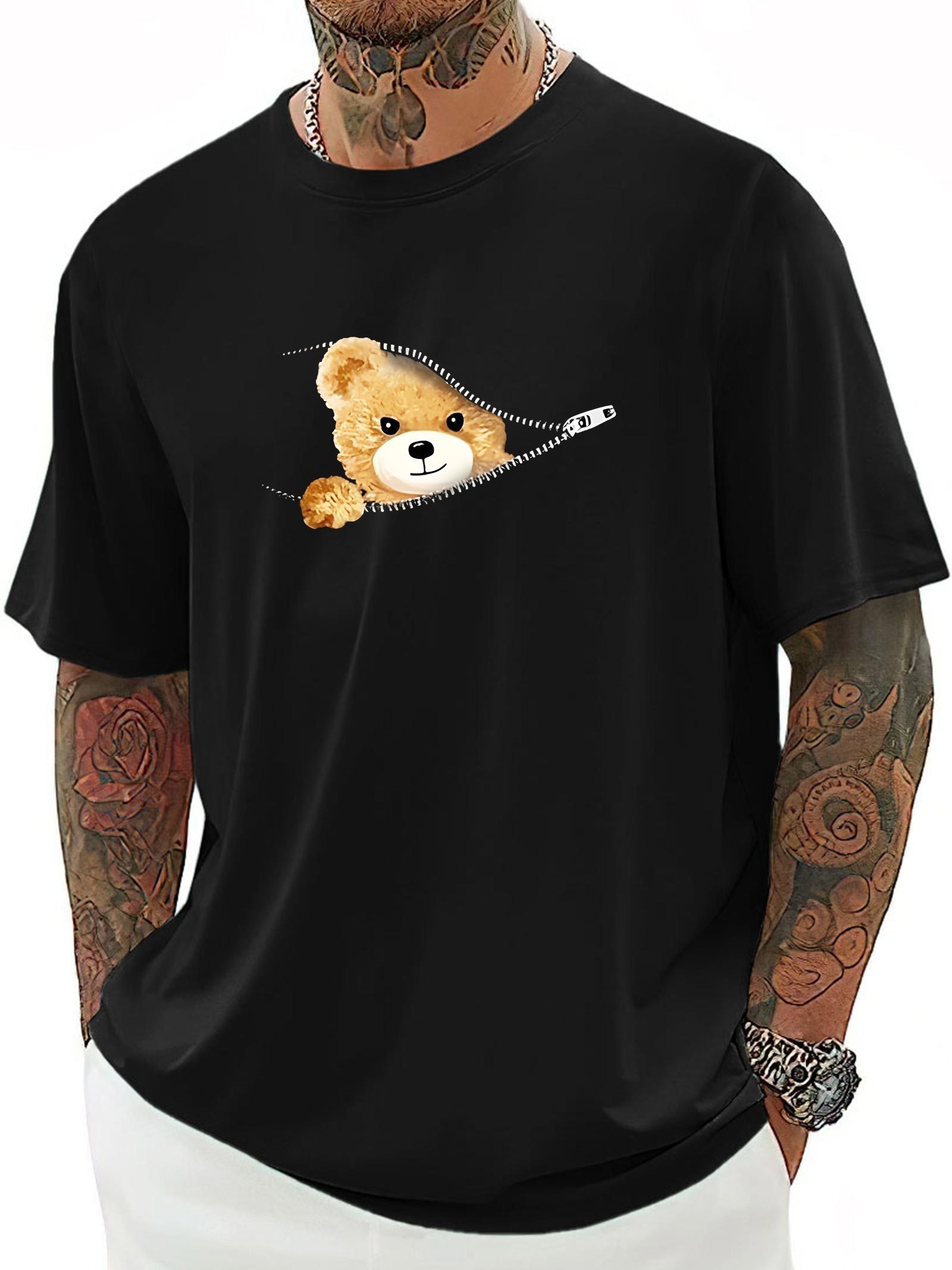 cartoon cute bear zipper print men's crew neck fashionable