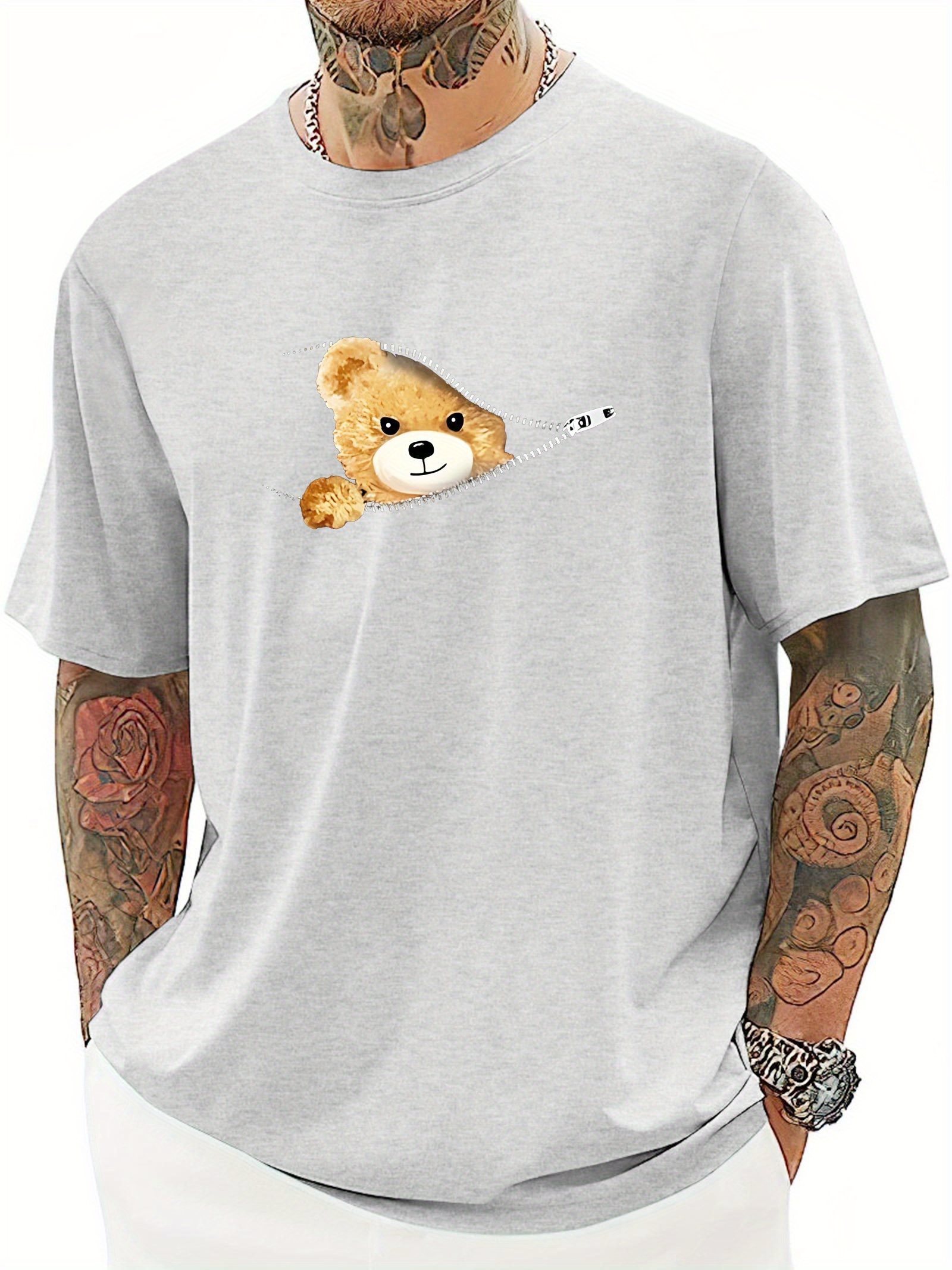 cartoon cute bear zipper print men's crew neck fashionable