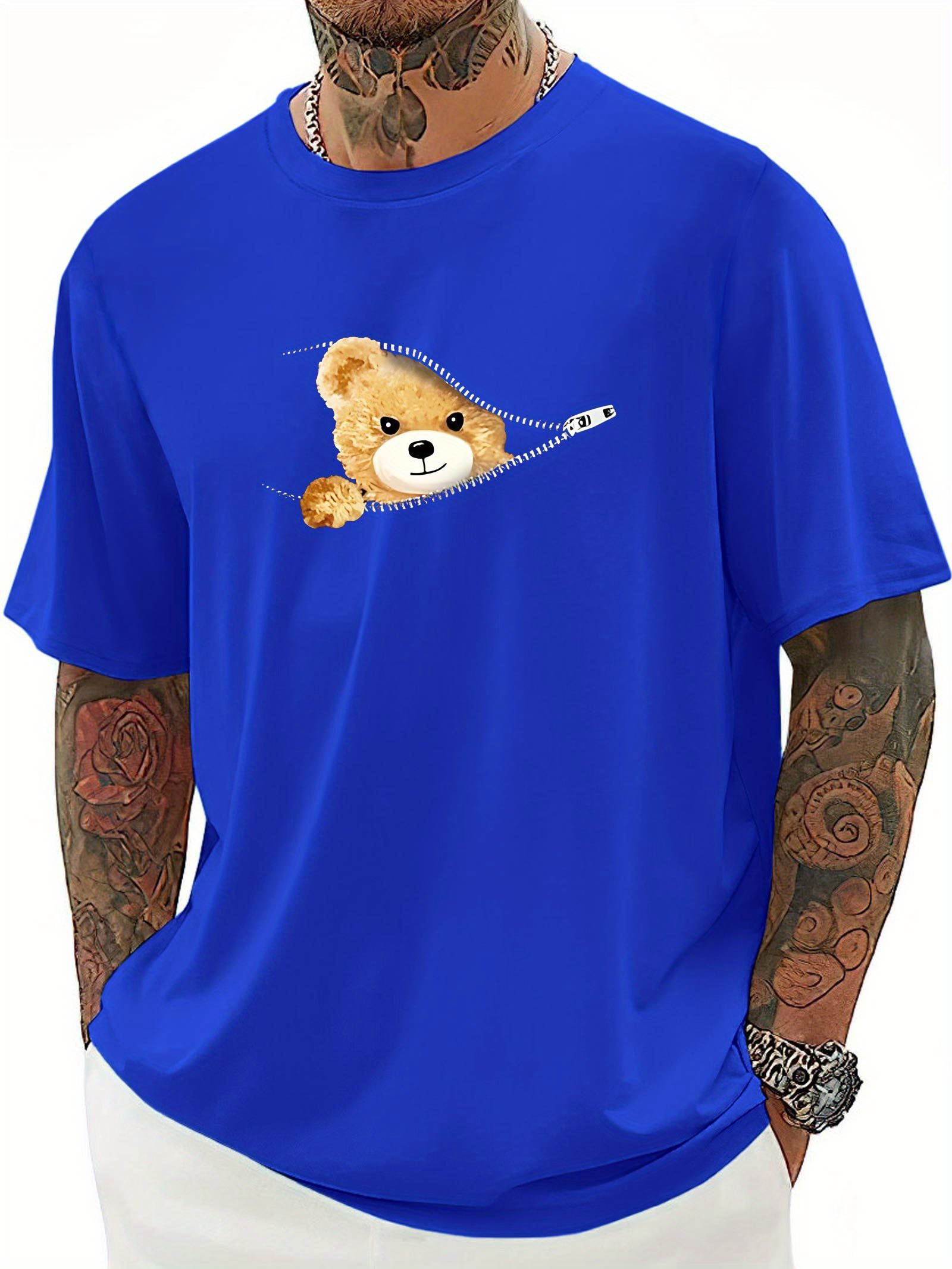 cartoon cute bear zipper print men's crew neck fashionable