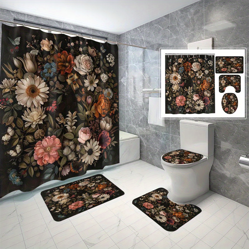 

4pcs/set Floral Shower Curtain Set, Waterproof Anti-mold With Non-slip Rugs, Toilet Lid Cover, Bath Mat, Vintage Botanical Bathroom Decor, Polyester Fabric, 180x180cm With 12 C-type Hooks