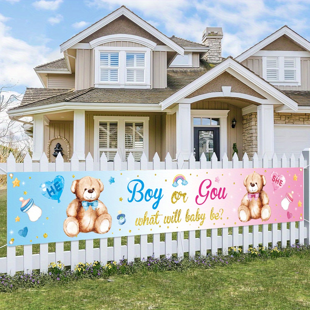 

1pc, Gender Reveal Large Decorative Banner, Polyester, Cute Bear Background Banner Birthday Party Supplies Baby Shower Scene Stage Setup Wall Decoration Background Photo Prop