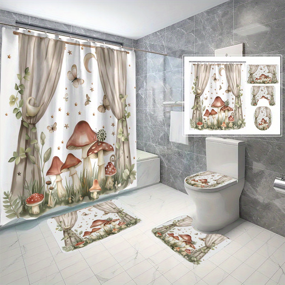

4pcs Mushroom Butterfly Pattern Shower Curtain Set, Waterproof Shower Curtain With Non-slip Rug, Toilet Lid Cover, And Bath Mat, Easy Install With C-type Hooks, Bathroom Accessories