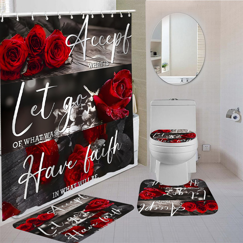 

Home Decor Waterproof Shower Curtain Sets With 12 Hooks Toilet Seat Cover Bathroom Mat Non-slip Rug Carpet Polyester Fabric Washable Curtain For Windows Bathroom Accessories