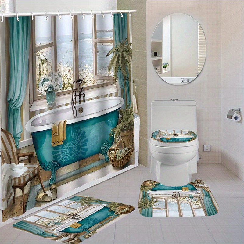 

1/4pcs Bathtub Bathroom Set, With Waterproof Shower Curtain (70.87"x70.87") And 12 Hooks, Non-slip Contour Rug, Toilet Lid Cover, Absorbent Bath Mat, Washable Polyester Home Decor
