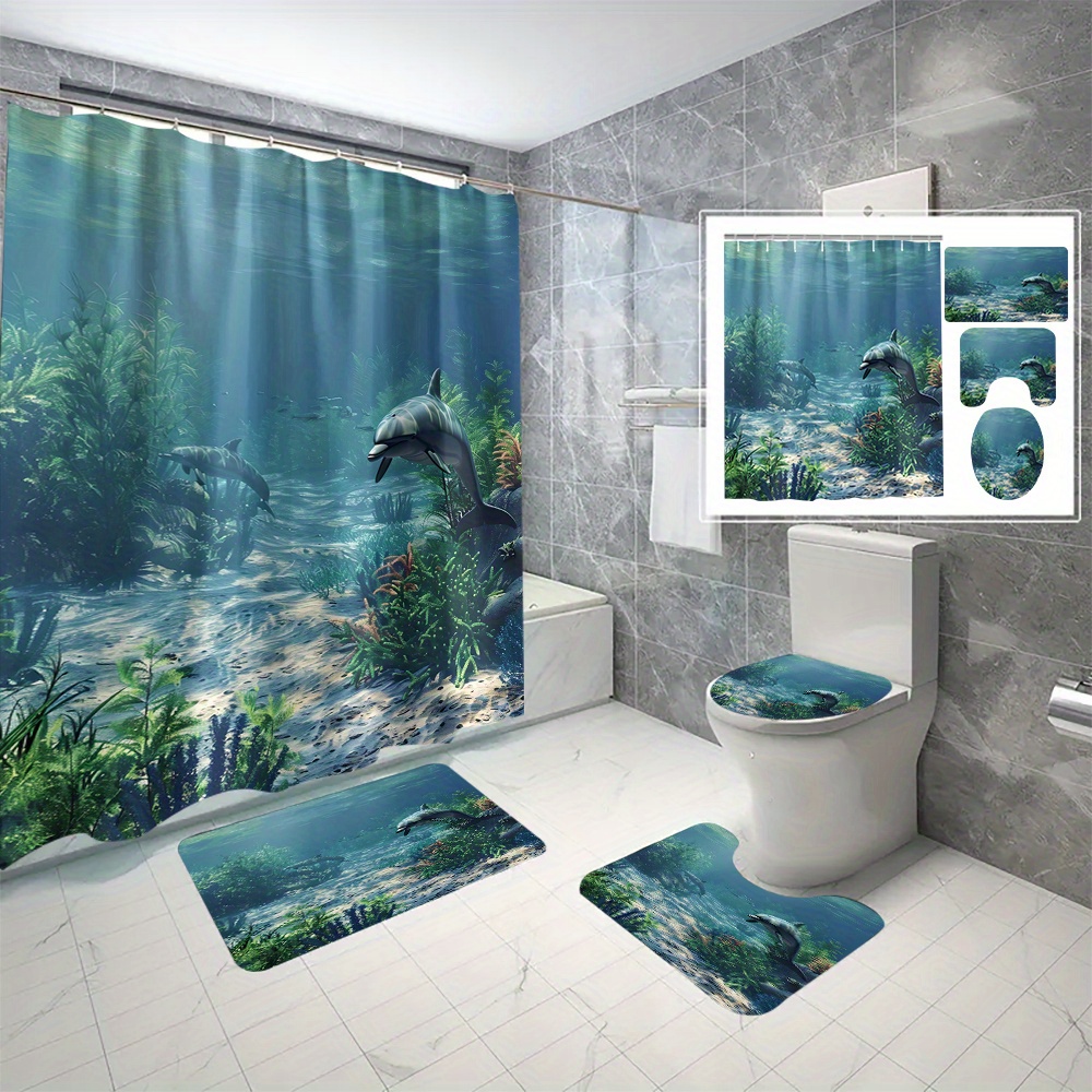 

4pcs Underwater Dolphin Pattern Set, With 12 Hooks, Non-slip Bath Mat, U-shaped Toilet Mat, Toilet Mat, Bathroom Accessories