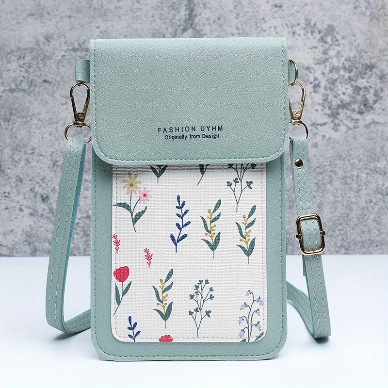 

Touchscreen Cell Phone Bag, Mini Pu Shoulder Purse With Floral Print, Aesthetic Flap Crossbody Wallet
