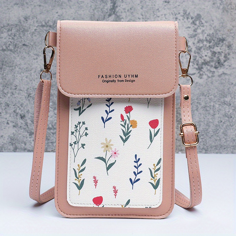 TEMU Touchscreen Cell Phone Bag, Mini Pu Shoulder Purse With Floral Print, Aesthetic Flap Crossbody Wallet