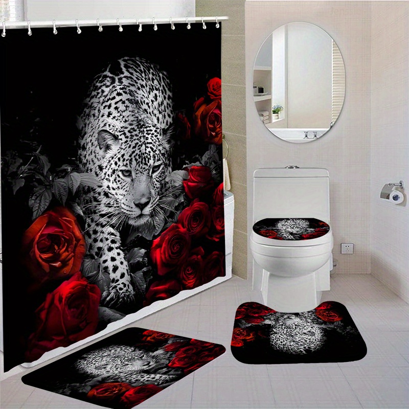 

1/4pcs Leopard & Red Roses Bathroom Set, Waterproof Polyester Fabric Shower Curtain (70.87"x70.87") With Non-slip Mat, Toilet Seat Cover, And Rug Carpet, Washable, With 12 Hooks For Home Decor