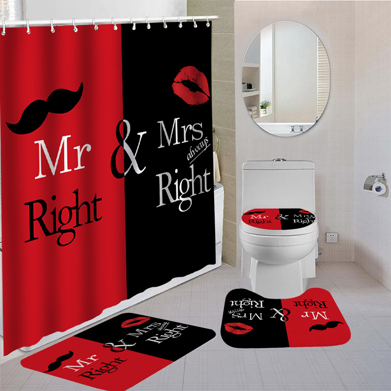 

1/4pcs Mr & Mrs Right Bathroom Set, Water-resistant Polyester Shower Curtain (70.87"x70.87") With Non-slip Bath Mat, Toilet Seat Cover And Rug, Washable Bathroom Decor With 12 Hooks