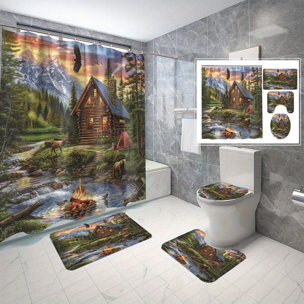 

4pcs Rustic Cabin Print Shower Curtain Set, Waterproof Anti-mold Bathroom Shower Curtain With Non-slip Rugs, Toilet Lid Cover, And Bath Mat, Easy Install With C-type Hooks, Bathroom Decor