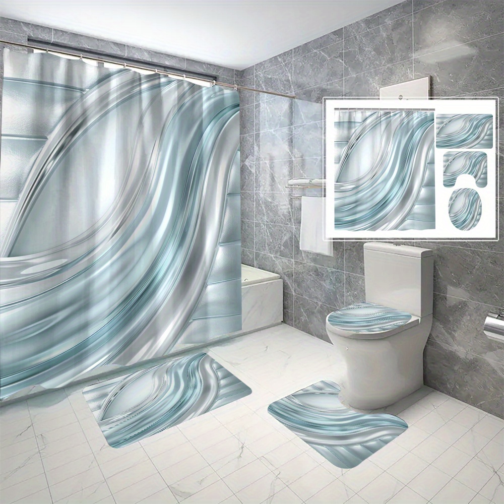 

4pcs Dreamy Wavy Pattern Shower Curtain Set, Shower Curtain With 12 Hooks, Non-slip Bath Mat, U-shaped Toilet Mat, Toilet Mat, Bathroom Accessories