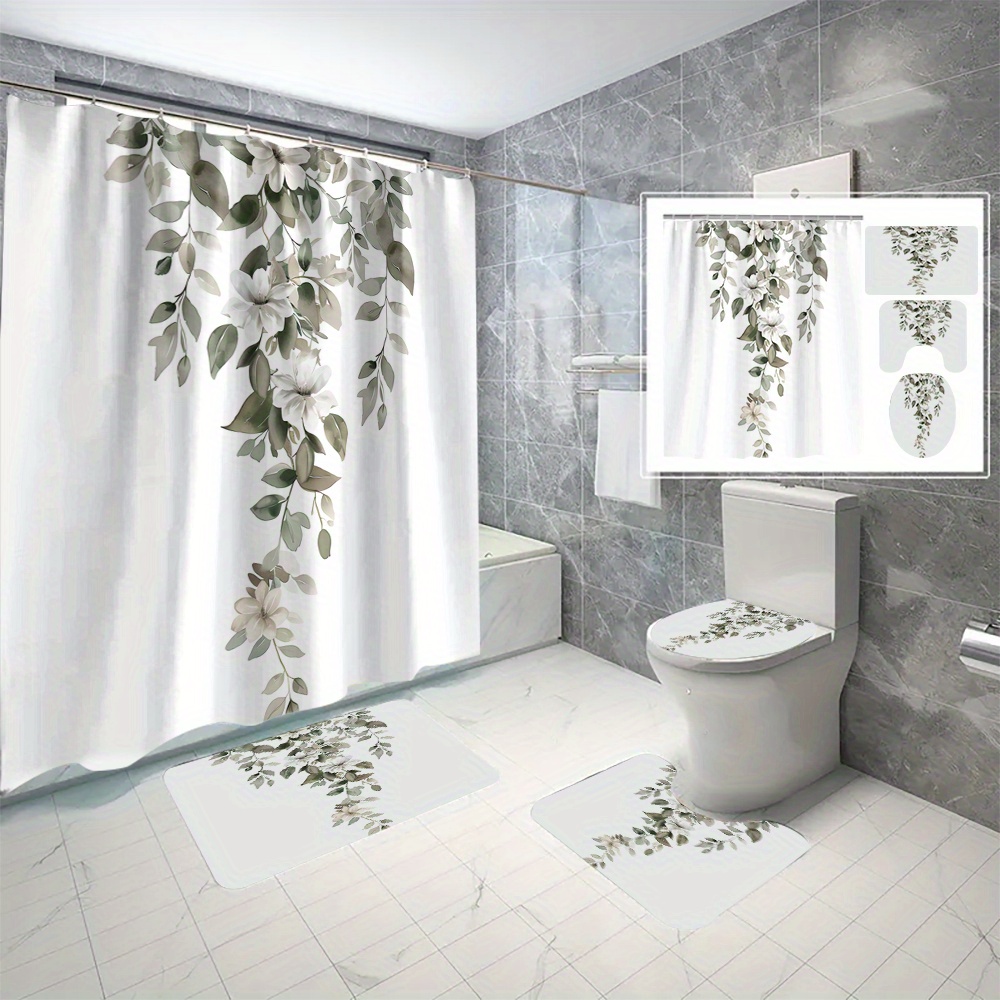

4pcs Vine Floral Pattern Shower Curtain Set, Shower Curtain With 12 Hooks, Non-slip Bath Mat, U-shaped Toilet Mat, Toilet Mat, Bathroom Accessories
