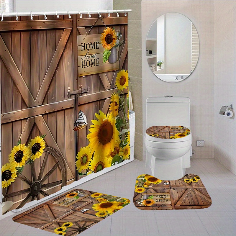 

1/4pcs Rustic Sunflower Bathroom Set, Farmhouse Home Decor Waterproof Shower Curtain (70.87x70.87 Inches) With 12 Hooks, Anti-slip Toilet Seat Cover, Bath Mat And Rug, Durable Polyester Fabric