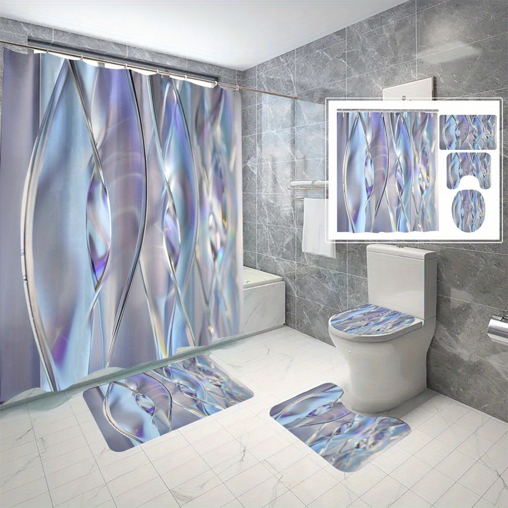 

4pcs Colorful Pattern Shower Curtain Set, Shower Curtain With 12 Hooks, Non-slip Bath Mat, U-shaped Toilet Mat, Toilet Mat, Bathroom Accessories