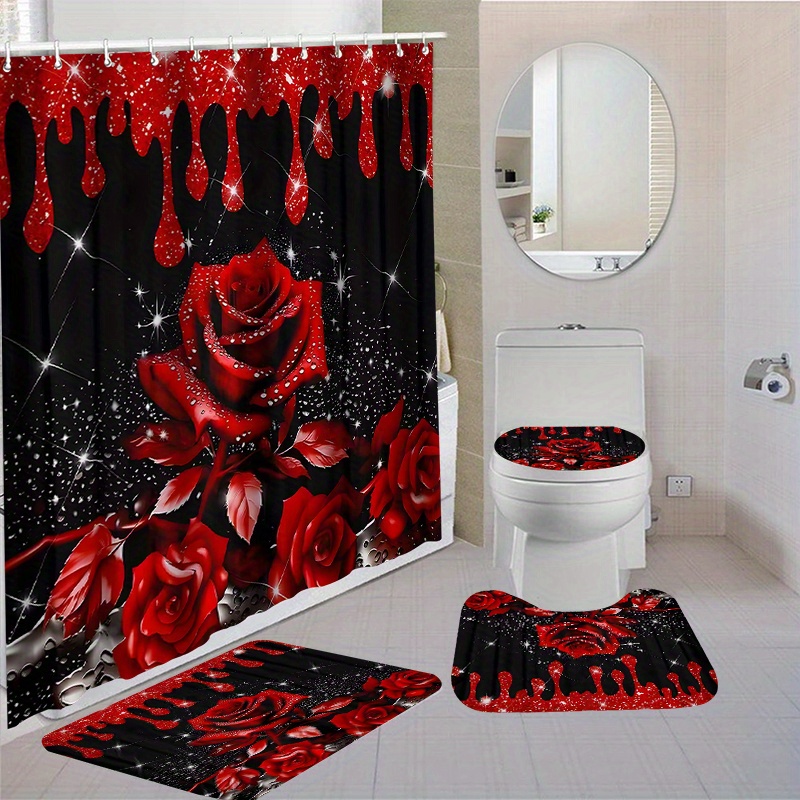 

1/4pcs Red Rose Shower Curtain With 12 Hooks, Non-slip Toilet Seat Cover And Bath Mat, Waterproof & Washable Polyester Fabric, 70.87x70.87 Inches, Black Floral Bathroom Decor