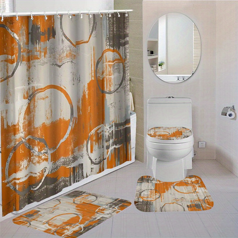 

1/4pcs Abstract Home Bathroom Decor Set, Waterproof Polyester Fabric Shower Curtain 70.87" X 70.87" With 12 Hooks, Non-slip Toilet Seat Cover, Bath Mat And Rug, Washable Window Accessory