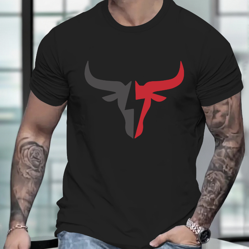 

Bull Print Men's Crew Neck Fashionable Short Sleeve Sports T-shirt, Comfortable And Versatile, For Summer And Spring, Athletic Style, Comfort Fit T-shirt, As Gifts