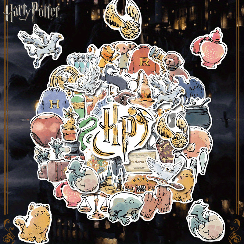 

50pcs Officially Licensed Harry Potter Watercolor Stickers, Vinyl Reusable Decals With Glossy Finish, Irregular Shape For Laptop, Water Bottles, Skateboards, Scrapbooking - Wb Brand
