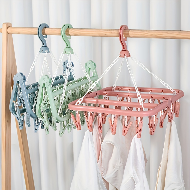 

1pc Plastic Multi-clip Folding Hanger Clothes Drying Rack With 32 Pegs For Hanging Socks, , And Small Laundry Items