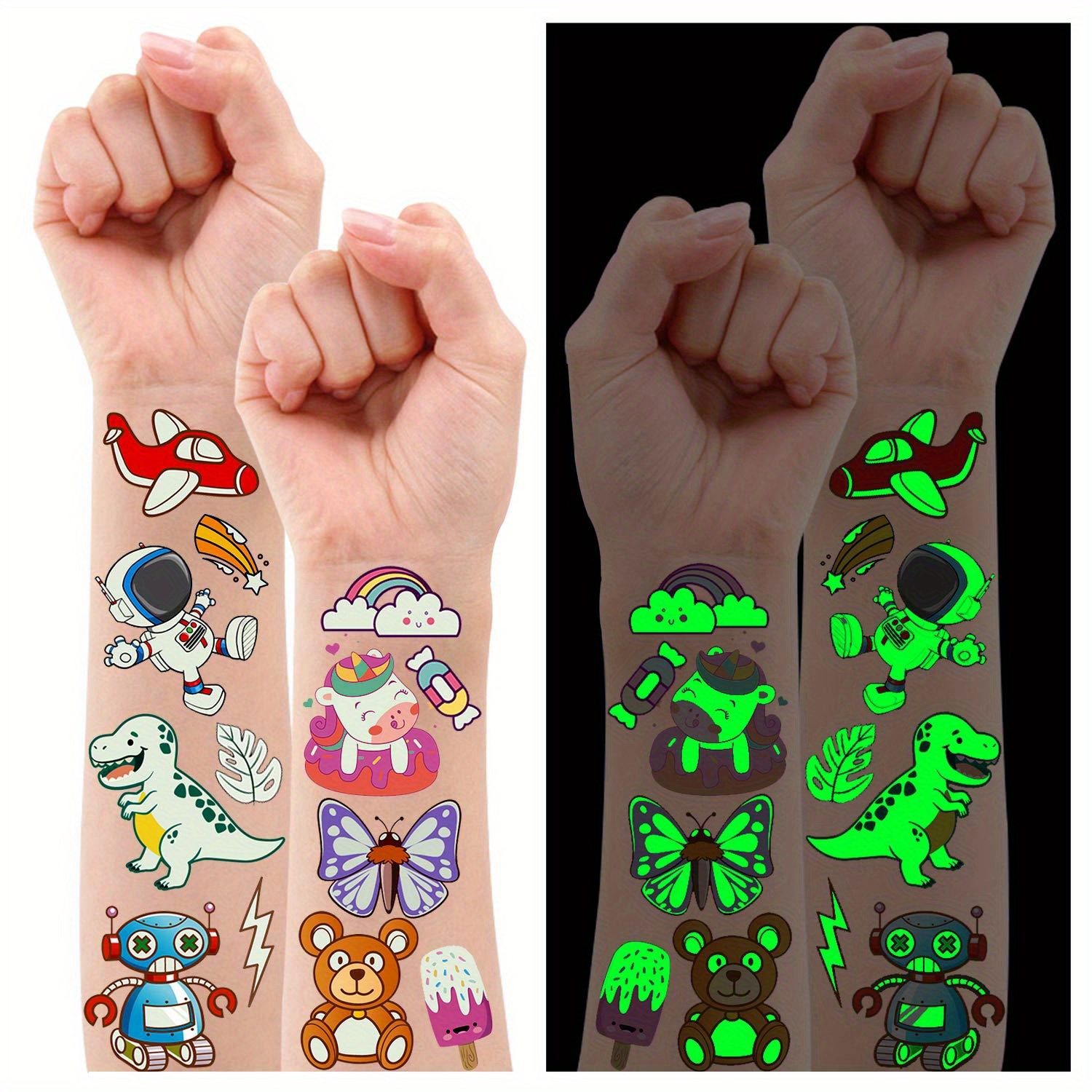 

380 Styles (30 Sheets) Luminous Tattoos Mixed Styles Temporary Tattoos Stickers With Unicorn/mermaid/dinosaur/outer Space/pirate For Boys And Girls Glow Party Decorations Gifts